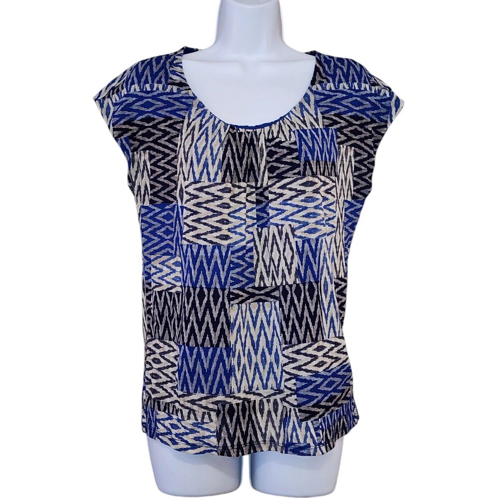 Liz Claiborne Women's Top Size M Blue Beige Pleated Mesh